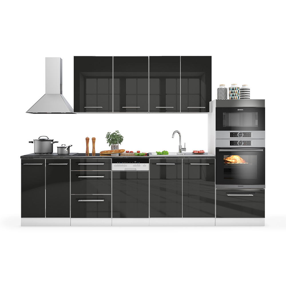 Küchenzeile "Fame-Line" Anthrazit Hochglanz/Weiß 295 cm ohne Arbeitsplatte livinity®
