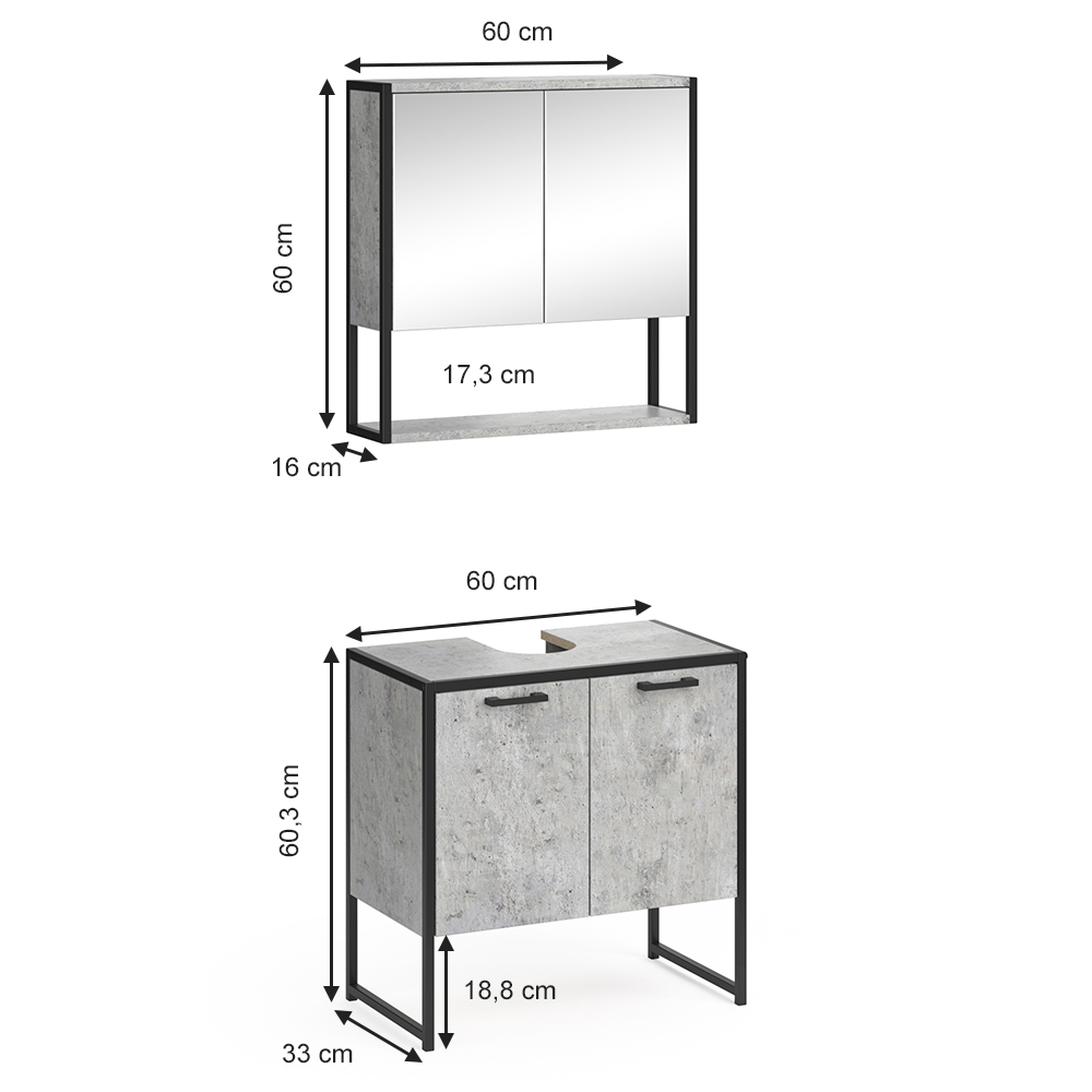 Badmöbel Set "Fyrk" Beton/Schwarz 2 Teile, mit Spiegelschrank livinity®