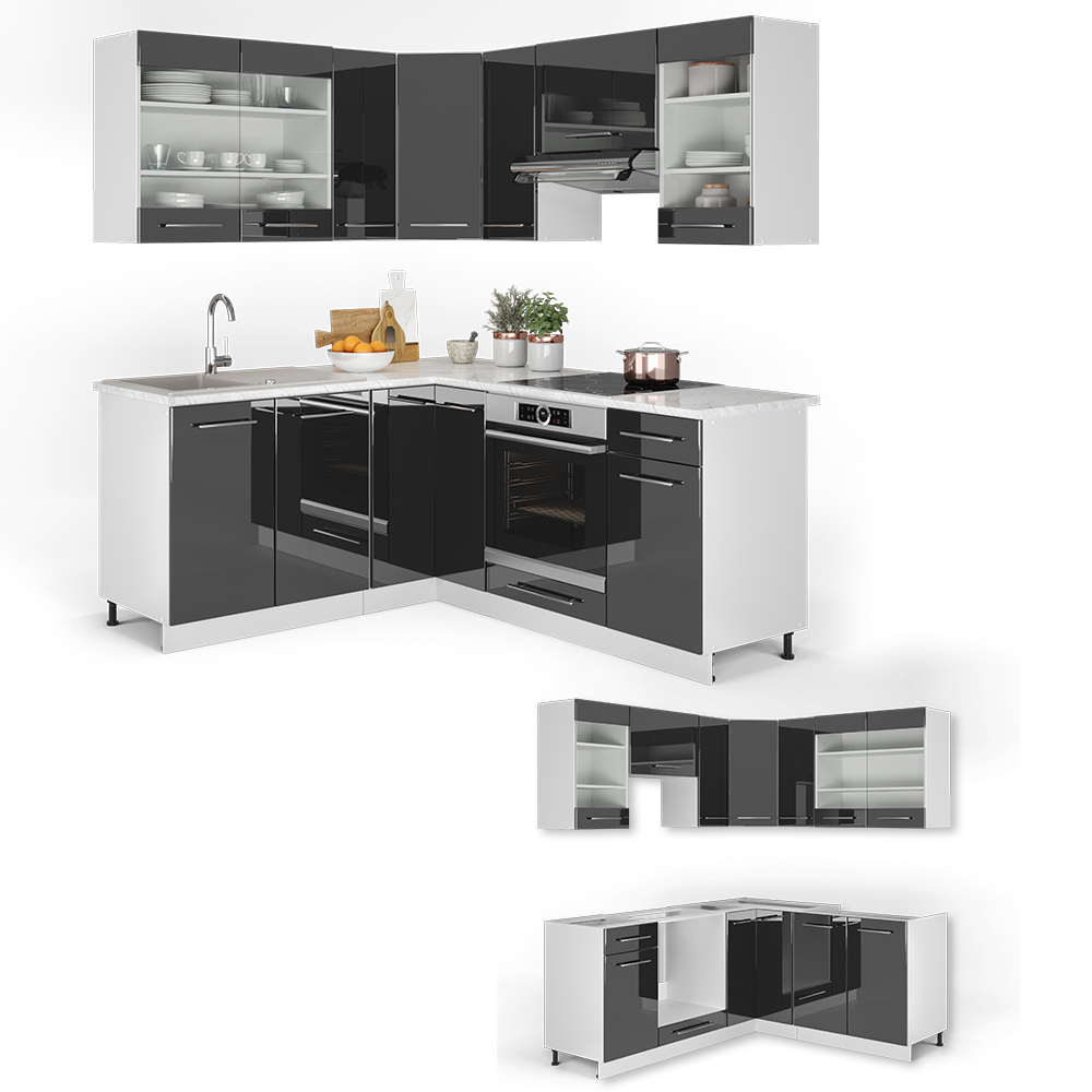 Eckküche "Fame-Line" Anthrazit Hochglanz/Weiß 160 x 190 cm ohne Arbeitsplatte livinity®