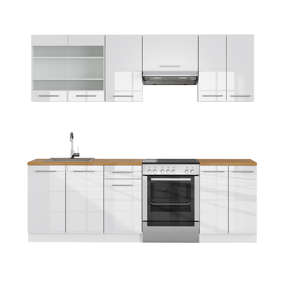Küchenzeile "Fame-Line" Weiß Hochglanz/Weiß 240 cm ohne Arbeitsplatte livinity®