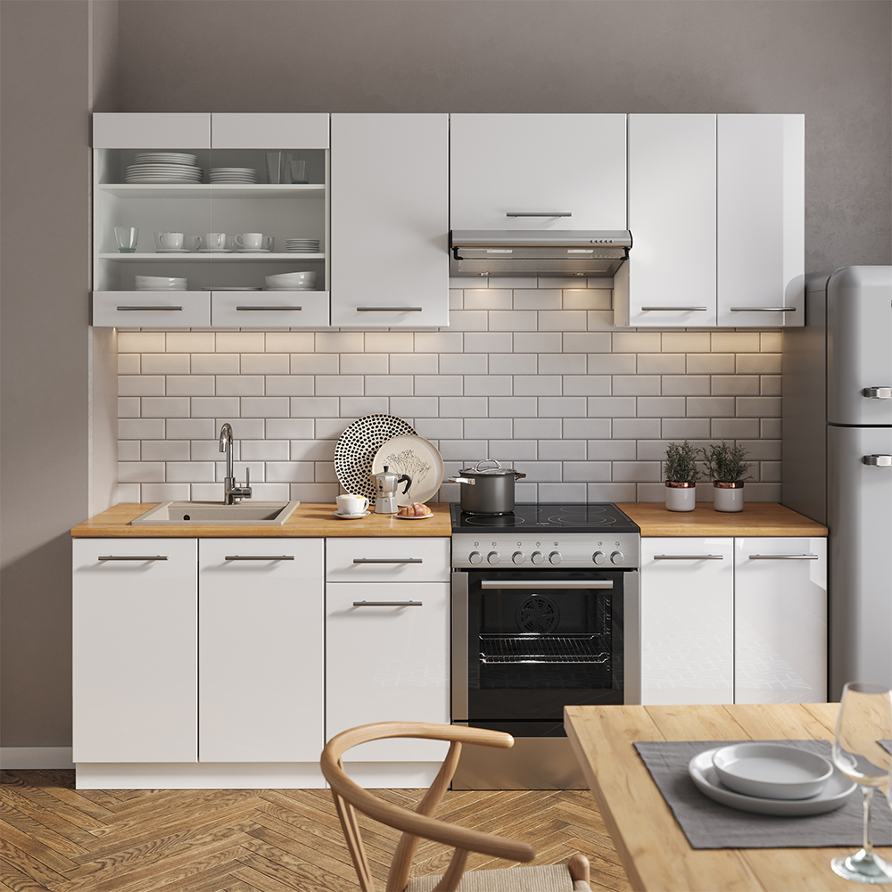 Küchenzeile "Fame-Line" Weiß Hochglanz/Weiß 240 cm ohne Arbeitsplatte livinity®