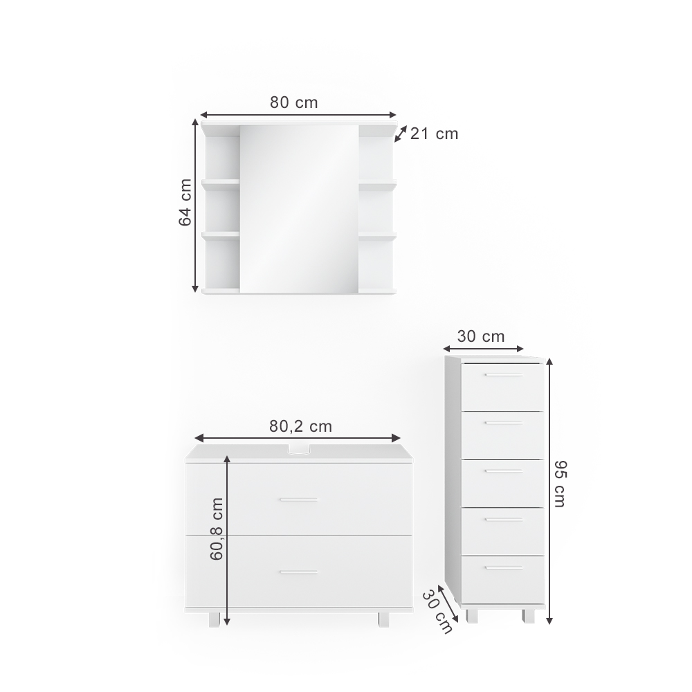Badmöbel Set "Ilias" Weiß 3 Teile, mit Unterschrank 80 cm livinity®