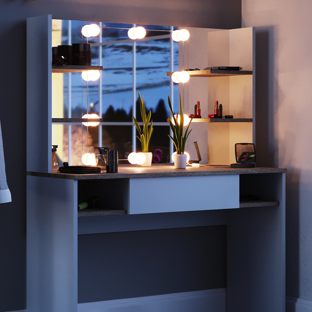 Schminktisch "Daenerys" Weiß/Sonoma 100 cm mit LED Beleuchtung livinity®