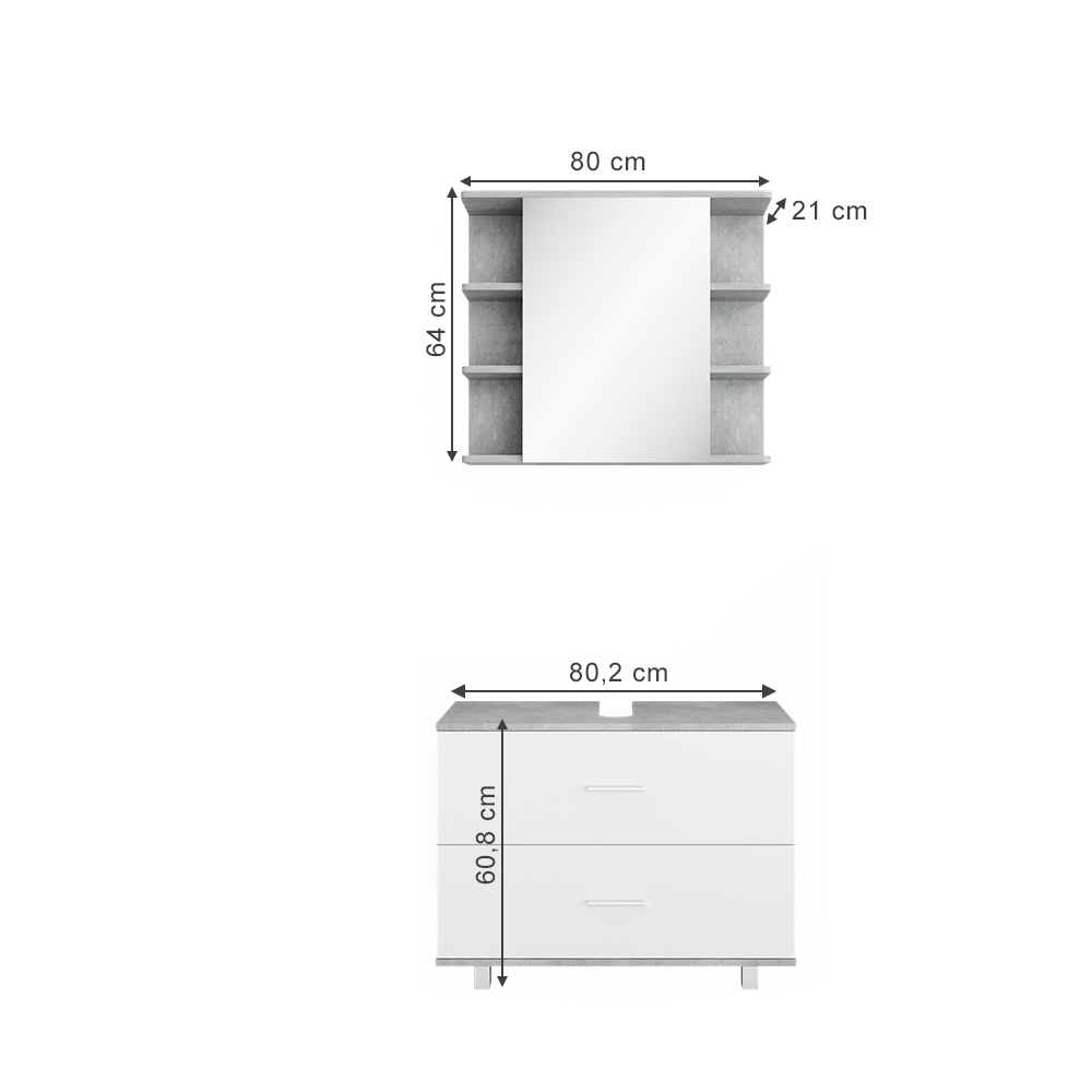 Badmöbel Set "Ilias" Beton/Weiß 2 Teile, Unterschrank 80 cm livinity®