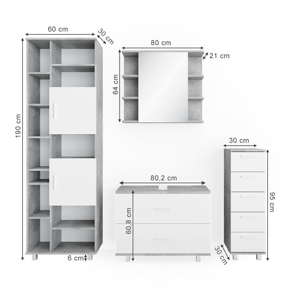 Badmöbel Set "Ilias" Beton/Weiß 4 Teile, mit Hochschrank livinity®
