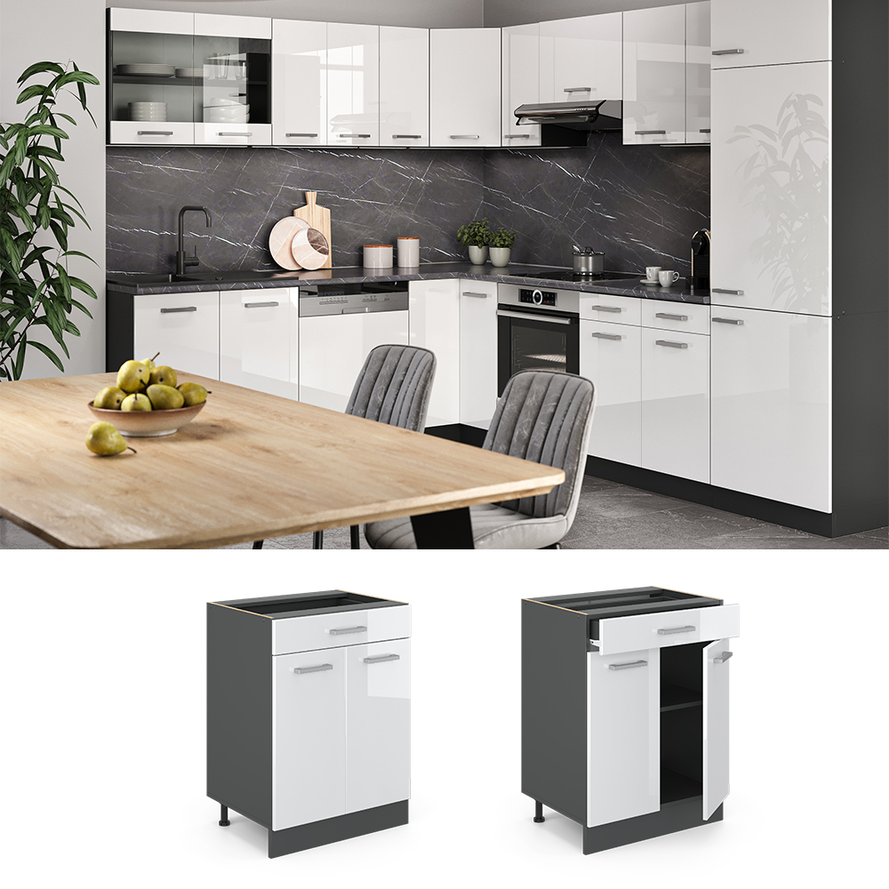 Küchenunterschrank "R-Line" Weiß Hochglanz/Anthrazit 60 cm mit Schublade, ohne Arbeitsplatte livinity®