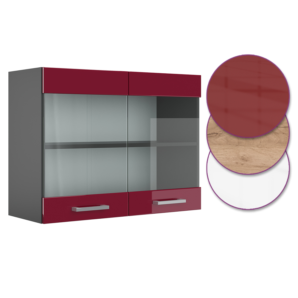 Küchenschrank Glas "R-Line" Bordeaux Hochglanz/Anthrazit 80 cm livinity®