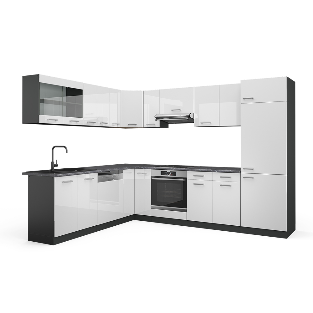 Eckküche "R-Line" Weiß Hochglanz/Anthrazit 227 x 287 cm ohne Arbeitsplatte livinity®