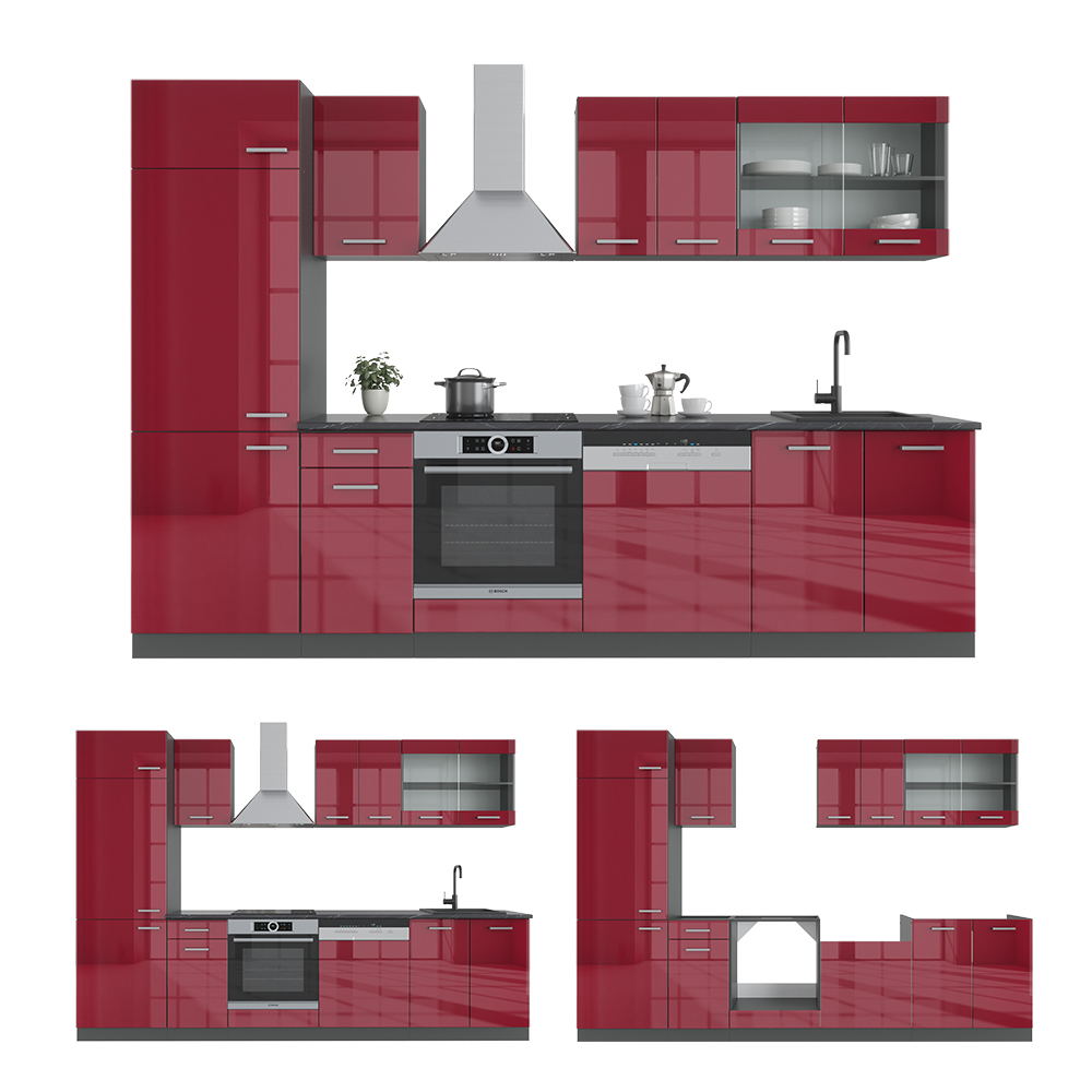 Küchenzeile "R-Line" Bordeaux Hochglanz/Anthrazit 300 cm ohne Arbeitsplatte livinity®