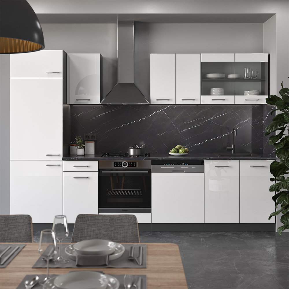 Küchenzeile "R-Line" Weiß Hochglanz/Anthrazit 300 cm ohne Arbeitsplatte livinity®