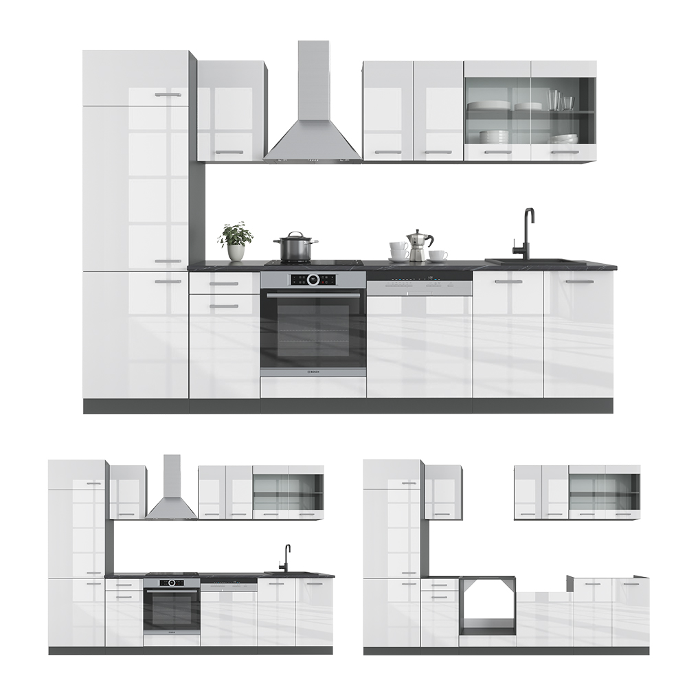 Küchenzeile "R-Line" Weiß Hochglanz/Anthrazit 300 cm ohne Arbeitsplatte livinity®