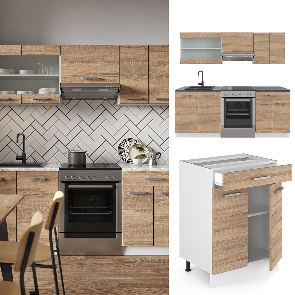 Küchenzeile "R-Line" Sonoma/Weiß 200 cm ohne Arbeitsplatte livinity®