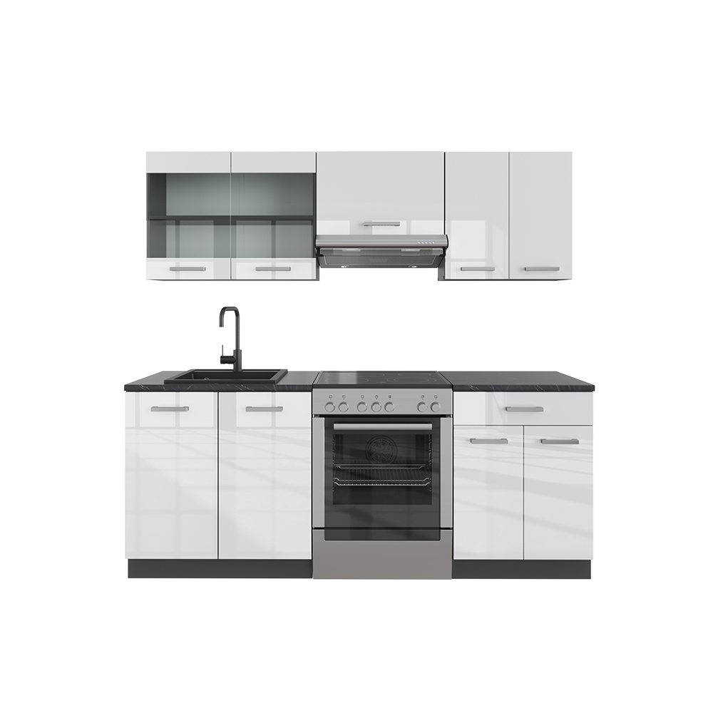 Küchenzeile "R-Line" Weiß Hochglanz/Anthrazit 200 cm ohne Arbeitsplatte livinity®