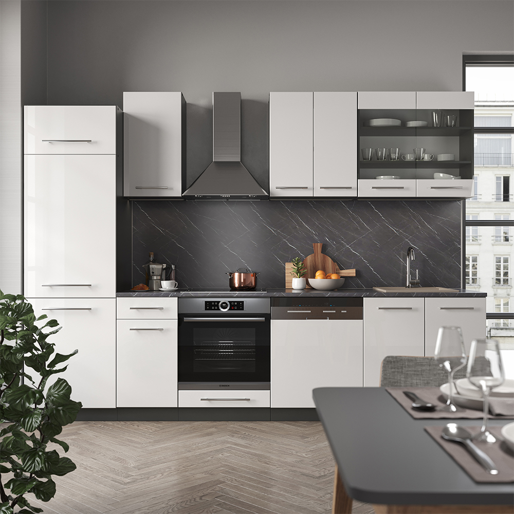 Küchenzeile "Fame-Line" Weiß Hochglanz/Anthrazit 300 cm ohne Arbeitsplatte livinity®