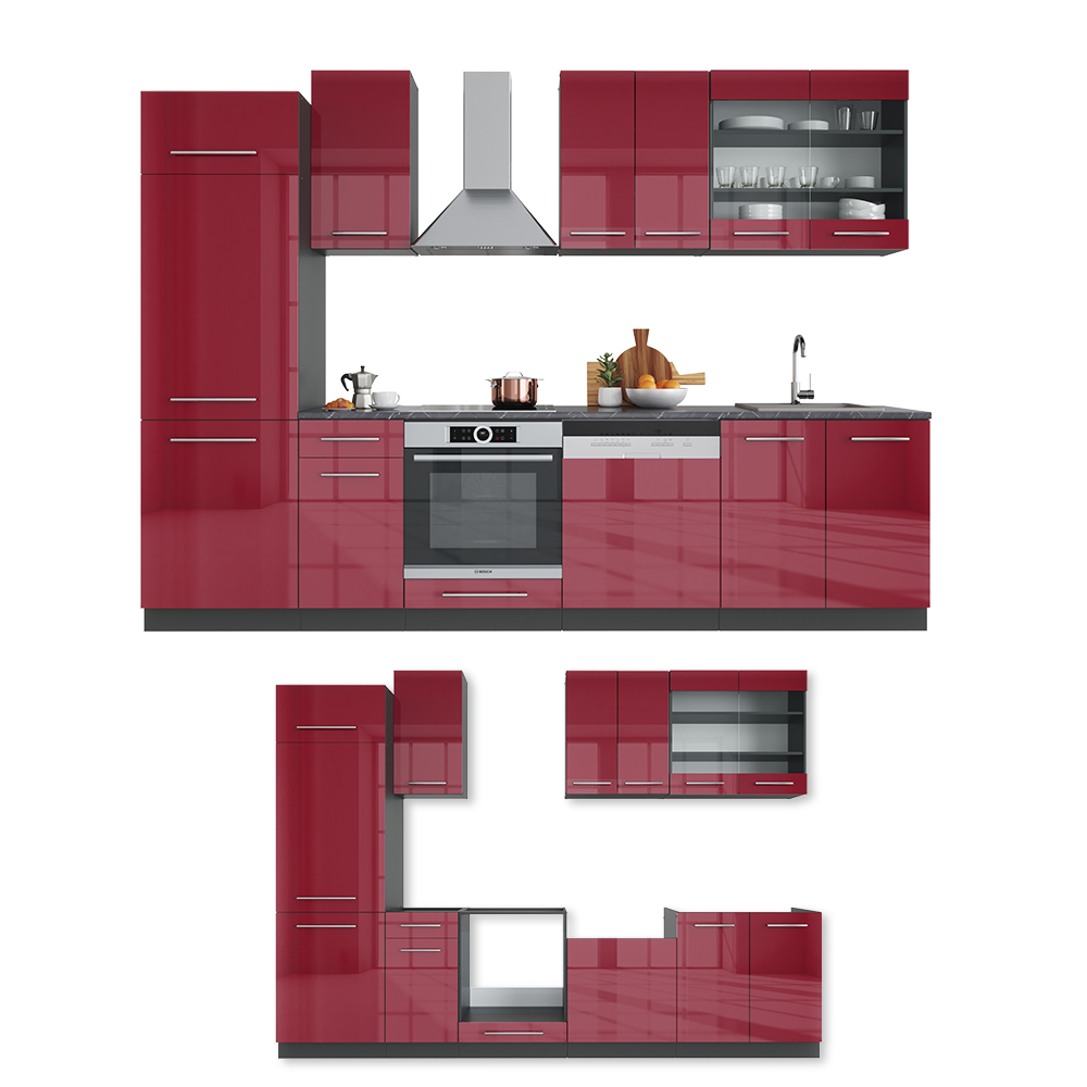 Küchenzeile "Fame-Line" Bordeaux Hochglanz/Anthrazit 300 cm ohne Arbeitsplatte livinity®