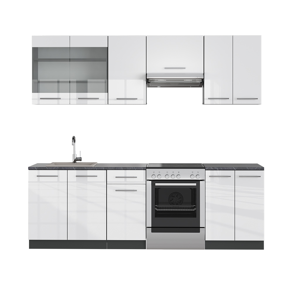 Küchenzeile "Fame-Line" Weiß Hochglanz/Anthrazit 240 cm ohne Arbeitsplatte livinity®