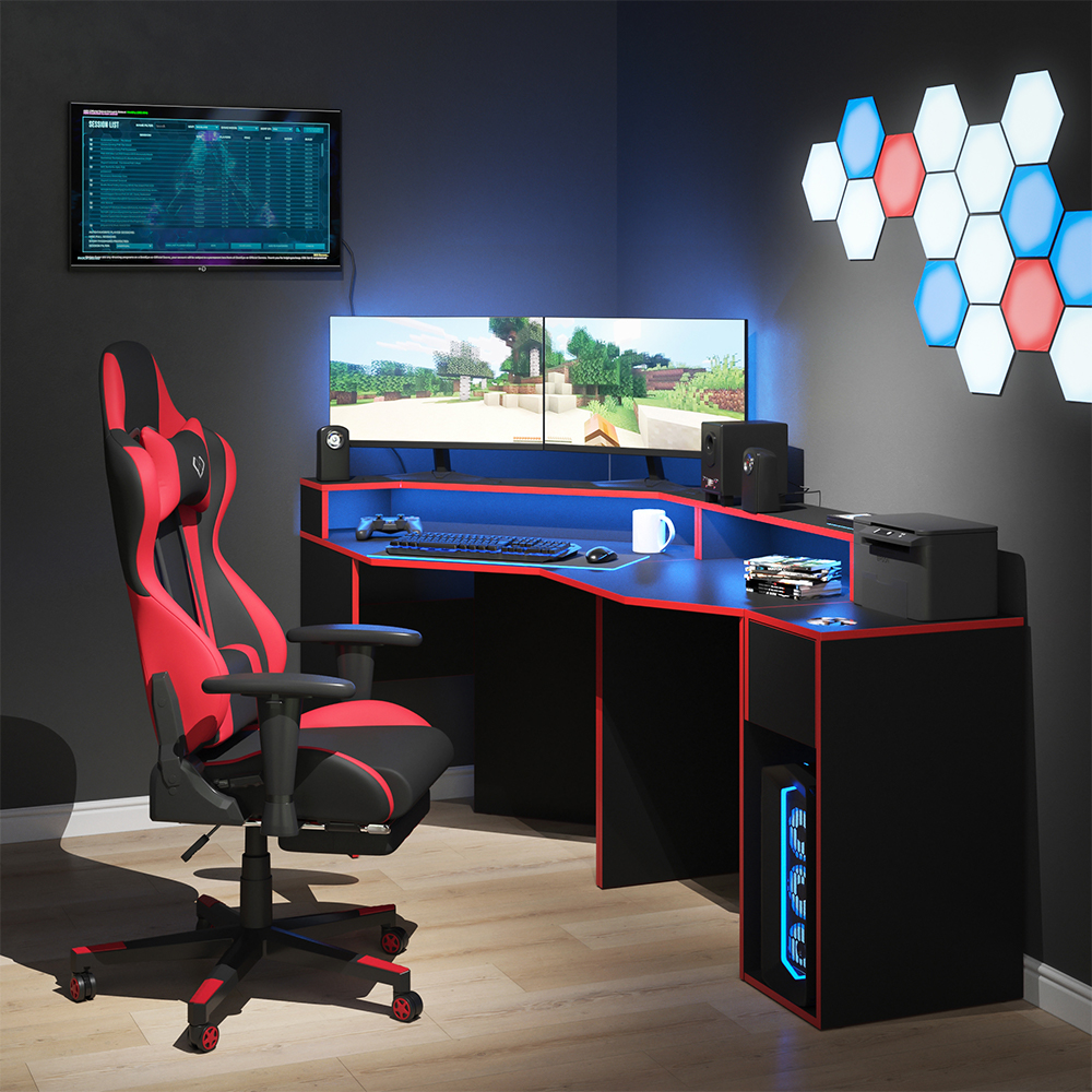 Gaming Tisch "Kron" Rot/Schwarz 220 x 90 cm Eckform livinity®