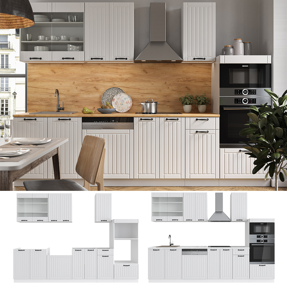 Küchenzeile "Fame-Line" Weiß Landhaus/Weiß 300 cm mit Hochschrank, ohne Arbeitsplatte livinity®