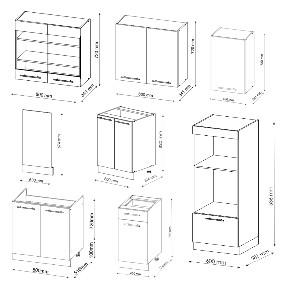 Küchenzeile "Fame-Line" Weiß Landhaus/Weiß 300 cm mit Hochschrank, ohne Arbeitsplatte livinity®