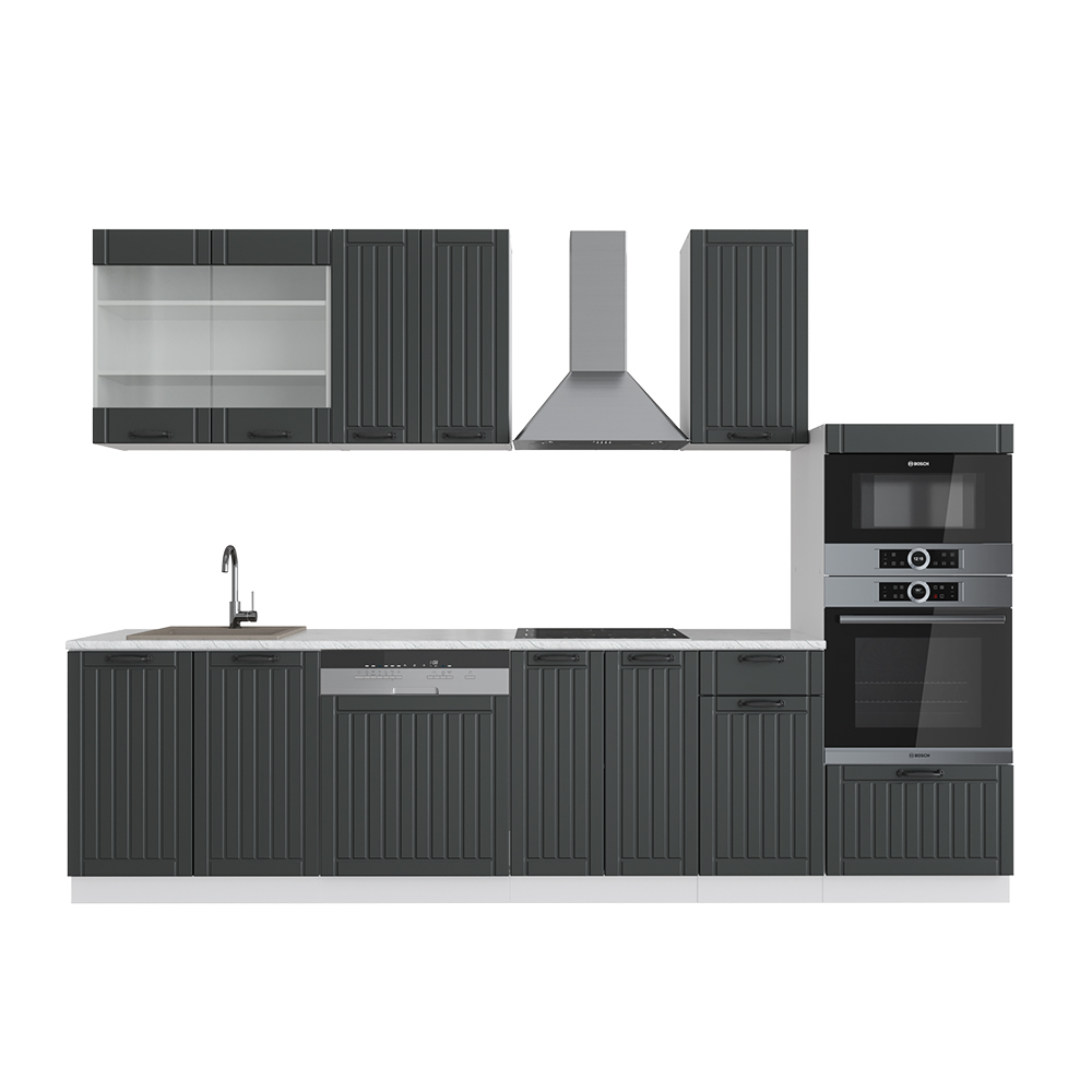 Küchenzeile "Fame-Line" Anthrazit Landhaus/Weiß 300 cm mit Hochschrank, ohne Arbeitsplatte livinity®