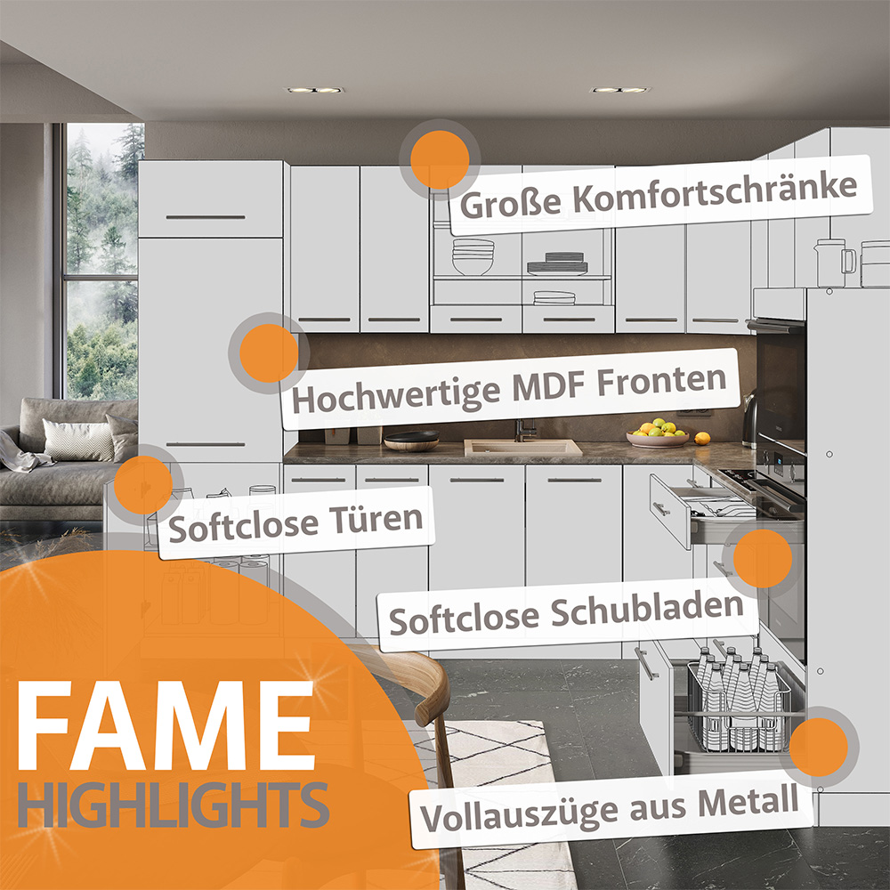 Küchenzeile "Fame-Line" Anthrazit Landhaus/Weiß 300 cm mit Hochschrank, ohne Arbeitsplatte livinity®
