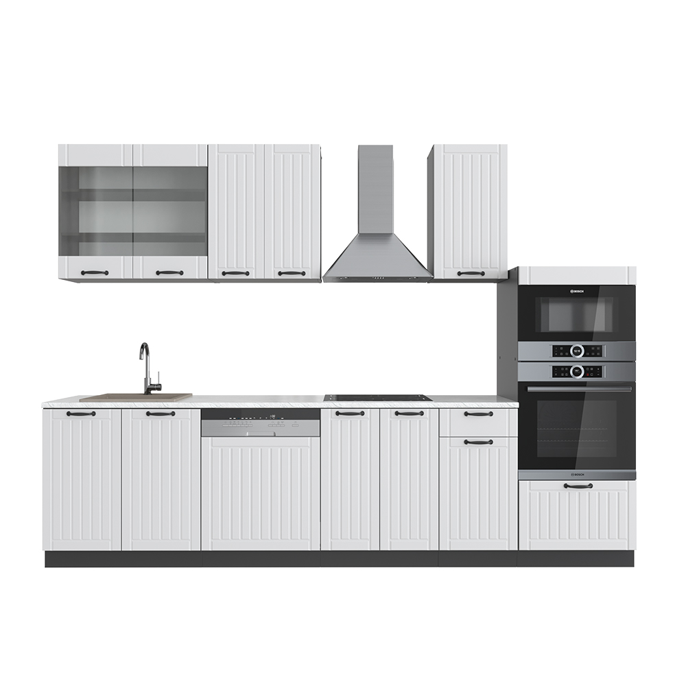 Küchenzeile "Fame-Line" Weiß Landhaus/Anthrazit 300 cm mit Hochschrank, ohne Arbeitsplatte livinity®
