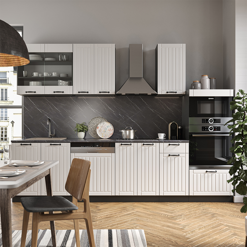 Küchenzeile "Fame-Line" Weiß Landhaus/Anthrazit 300 cm mit Hochschrank, ohne Arbeitsplatte livinity®