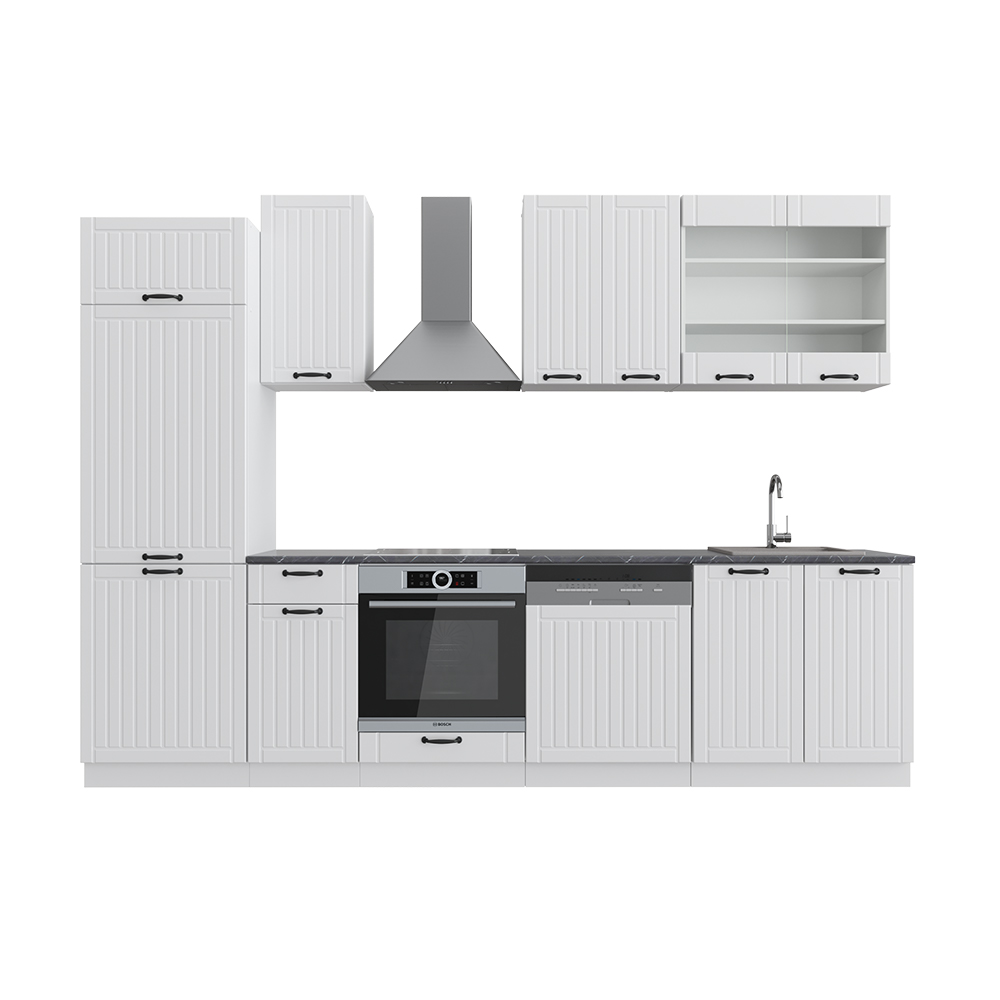 Küchenzeile "Fame-Line" Weiß Landhaus/Weiß 300 cm ohne Arbeitsplatte livinity®