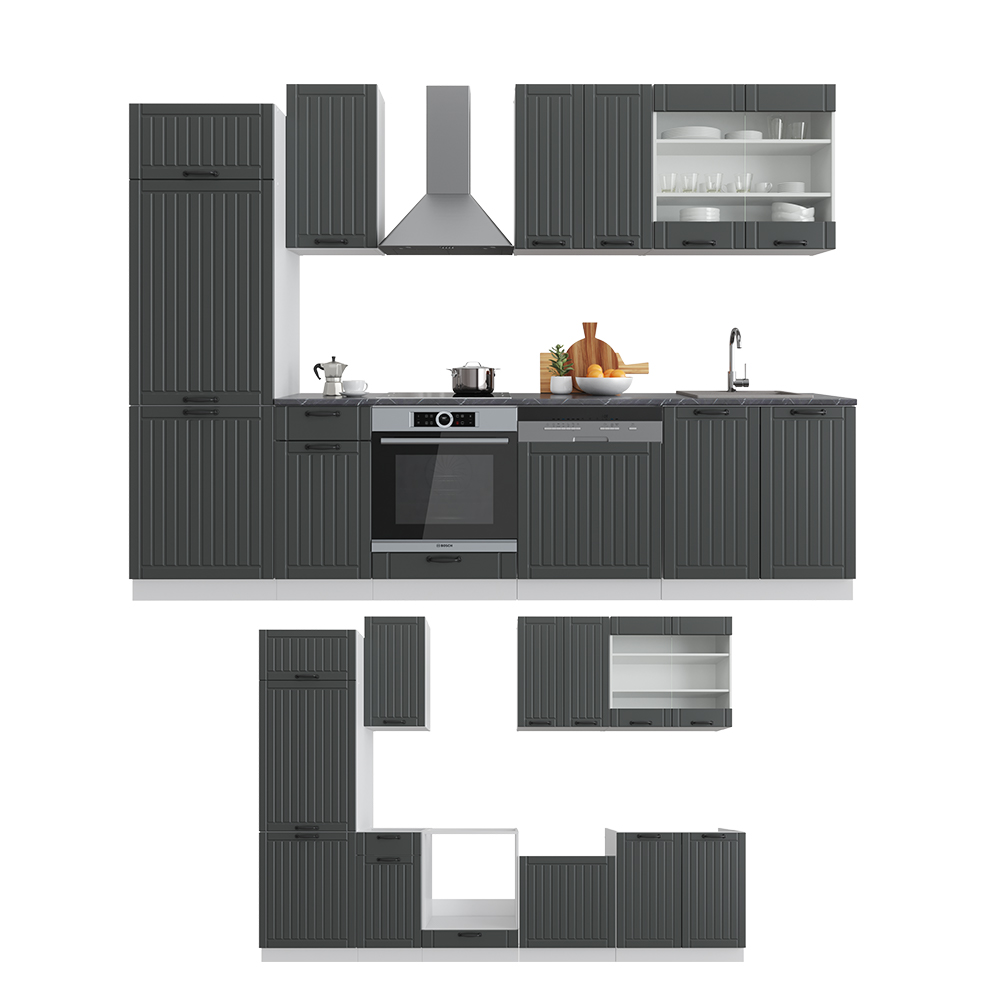 Küchenzeile "Fame-Line" Anthrazit Landhaus/Weiß 300 cm ohne Arbeitsplatte livinity®