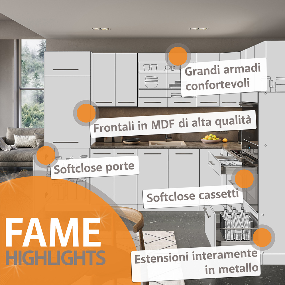Küchenzeile "Fame-Line" Anthrazit Landhaus/Weiß 300 cm ohne Arbeitsplatte livinity®