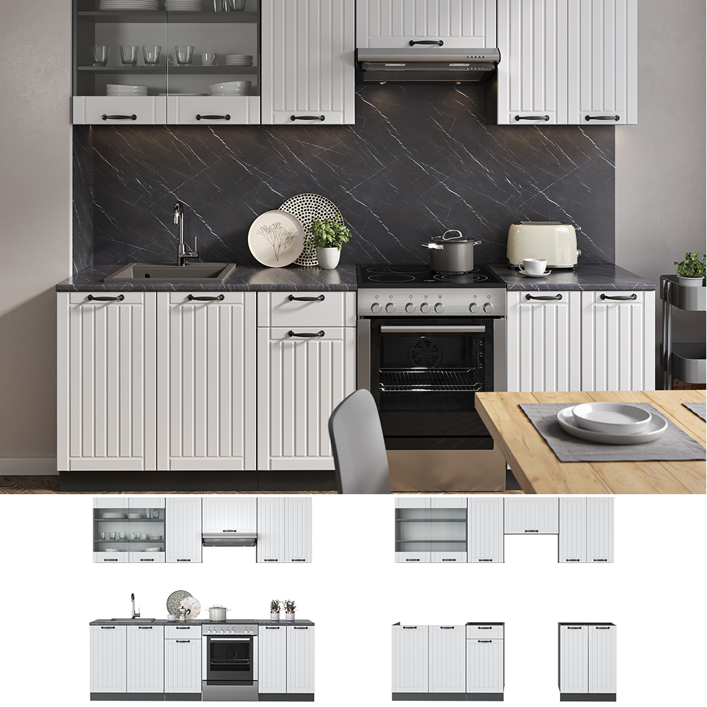 Küchenzeile "Fame-Line" Weiß Landhaus/Anthrazit 240 cm ohne Arbeitsplatte livinity®