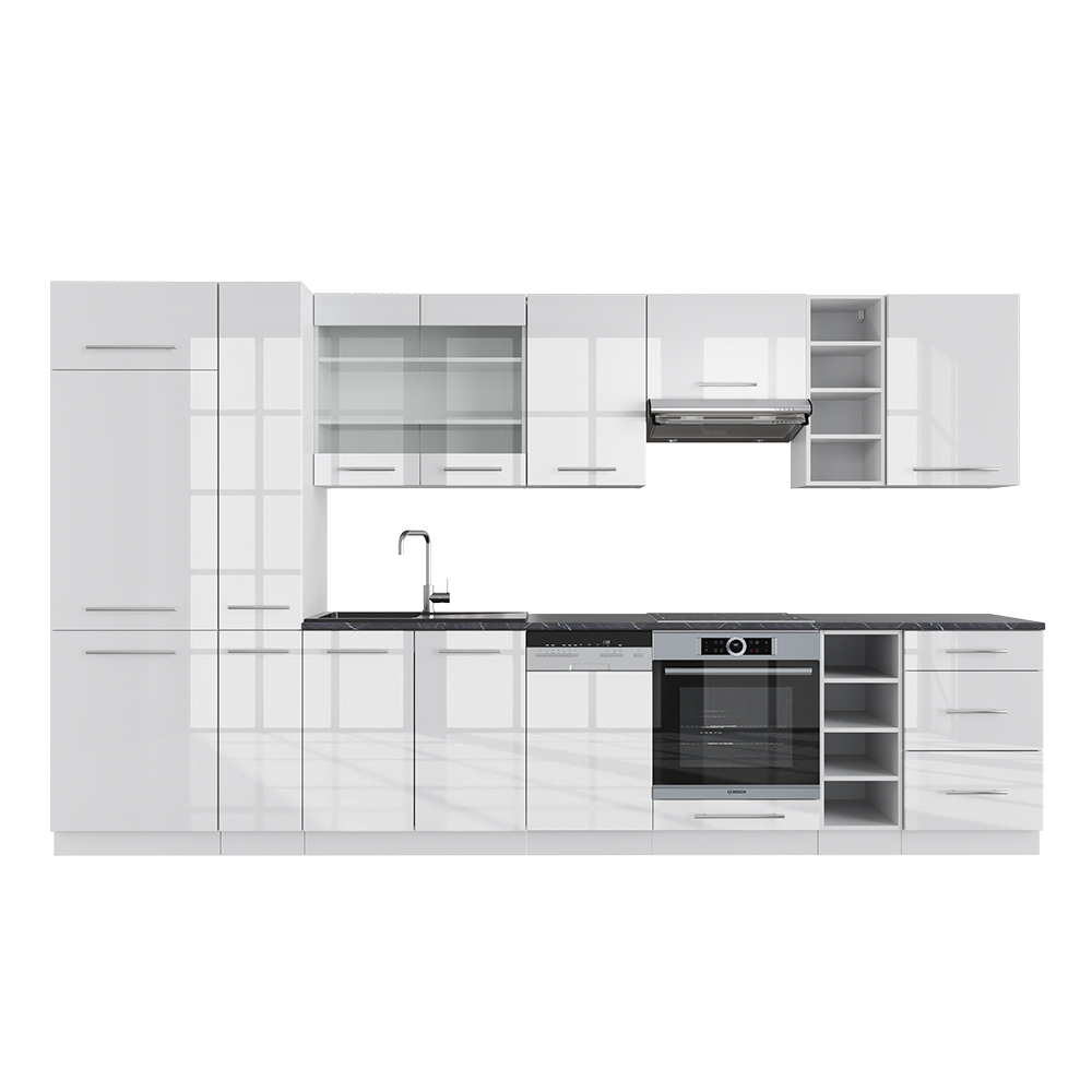 Küchenzeile "Fame-Line" Weiß Hochglanz/Weiß 355 cm ohne Arbeitsplatte livinity®