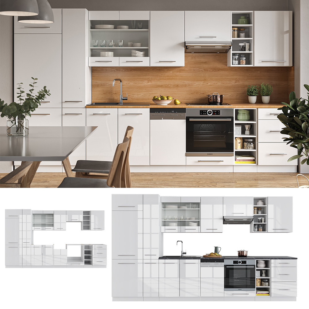 Küchenzeile "Fame-Line" Weiß Hochglanz/Weiß 355 cm ohne Arbeitsplatte livinity®