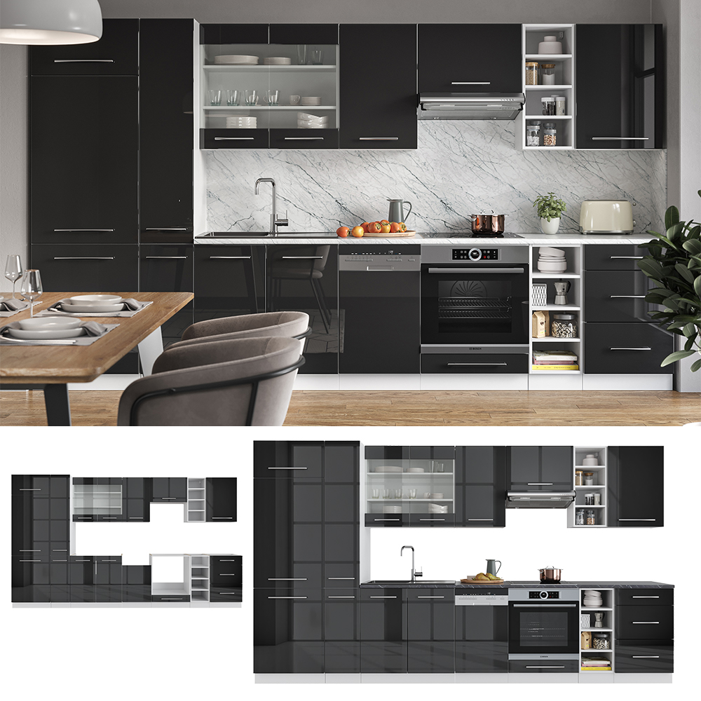 Küchenzeile "Fame-Line" Anthrazit Hochglanz/Weiß 355 cm ohne Arbeitsplatte livinity®