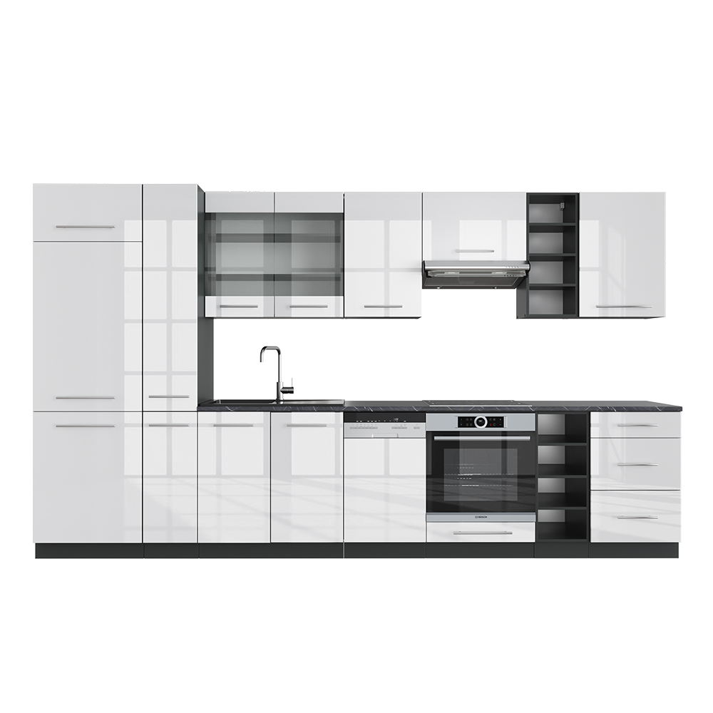 Küchenzeile "Fame-Line" Weiß Hochglanz/Anthrazit 355 cm ohne Arbeitsplatte livinity®