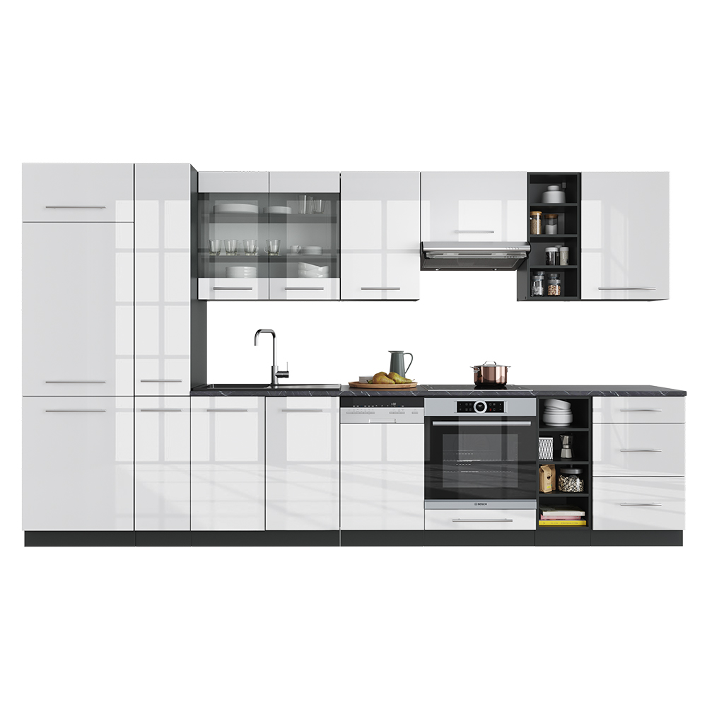 Küchenzeile "Fame-Line" Weiß Hochglanz/Anthrazit 355 cm ohne Arbeitsplatte livinity®