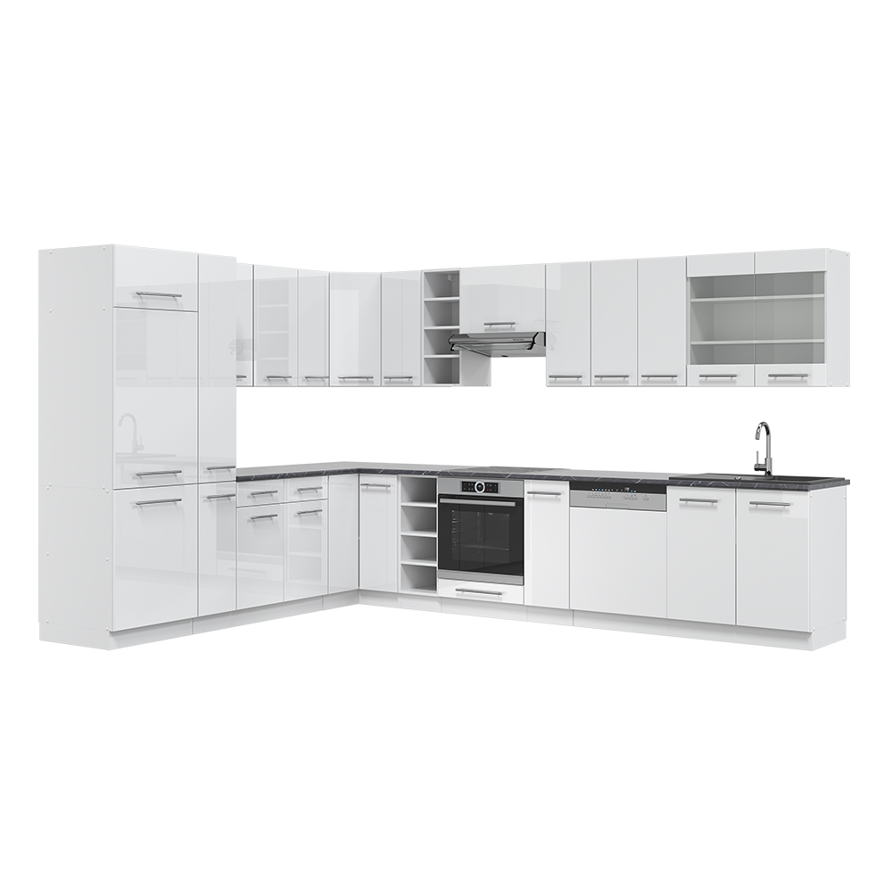 Eckküche "Fame-Line" Weiß Hochglanz/Weiß 257 x 347 cm ohne Arbeitsplatte livinity®
