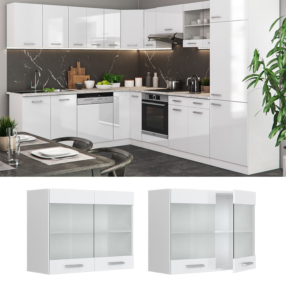 Küchenschrank Glas "R-Line" Weiß Landhaus/Weiß 80 cm livinity®