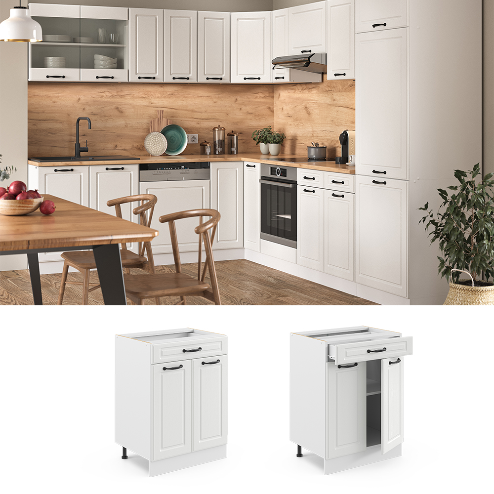 Küchenunterschrank "R-Line" Weiß Landhaus/Weiß 60 cm mit Schublade, ohne Arbeitsplatte livinity®