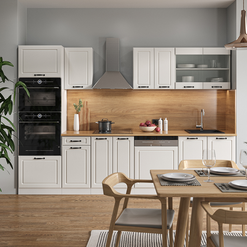 Küchenzeile "R-Line" Weiß Landhaus/Weiß 300 cm mit Hochschrank, ohne Arbeitsplatte livinity®