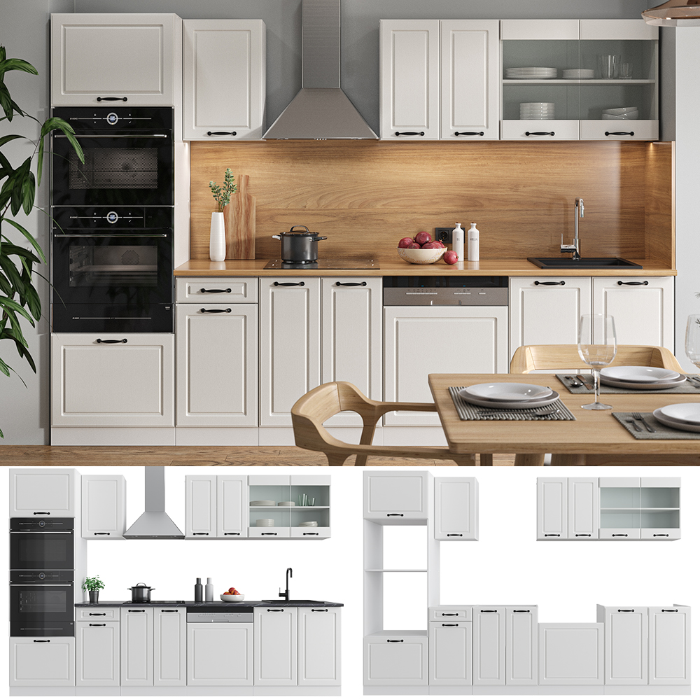 Küchenzeile "R-Line" Weiß Landhaus/Weiß 300 cm mit Hochschrank, ohne Arbeitsplatte livinity®