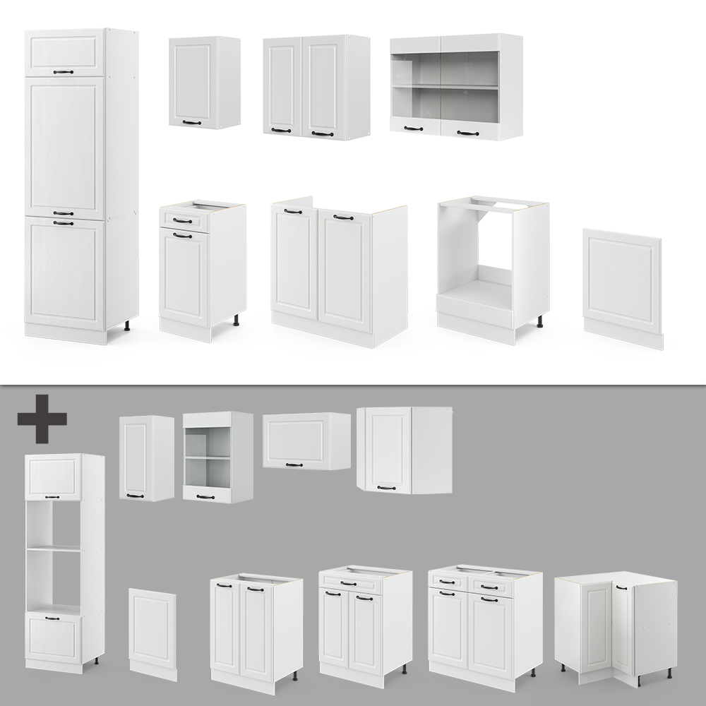 Küchenzeile "R-Line" Weiß Landhaus/Weiß 300 cm ohne Arbeitsplatte livinity®