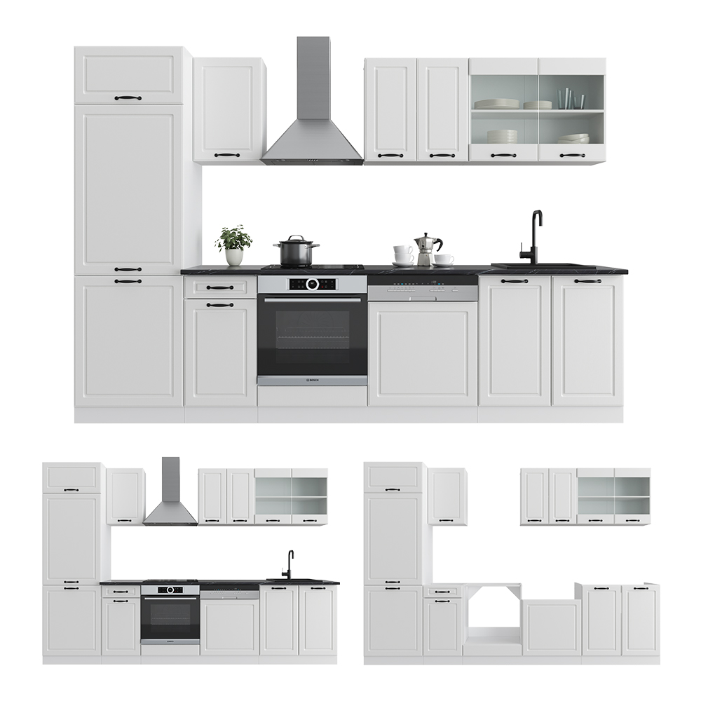 Küchenzeile "R-Line" Weiß Landhaus/Weiß 300 cm ohne Arbeitsplatte livinity®