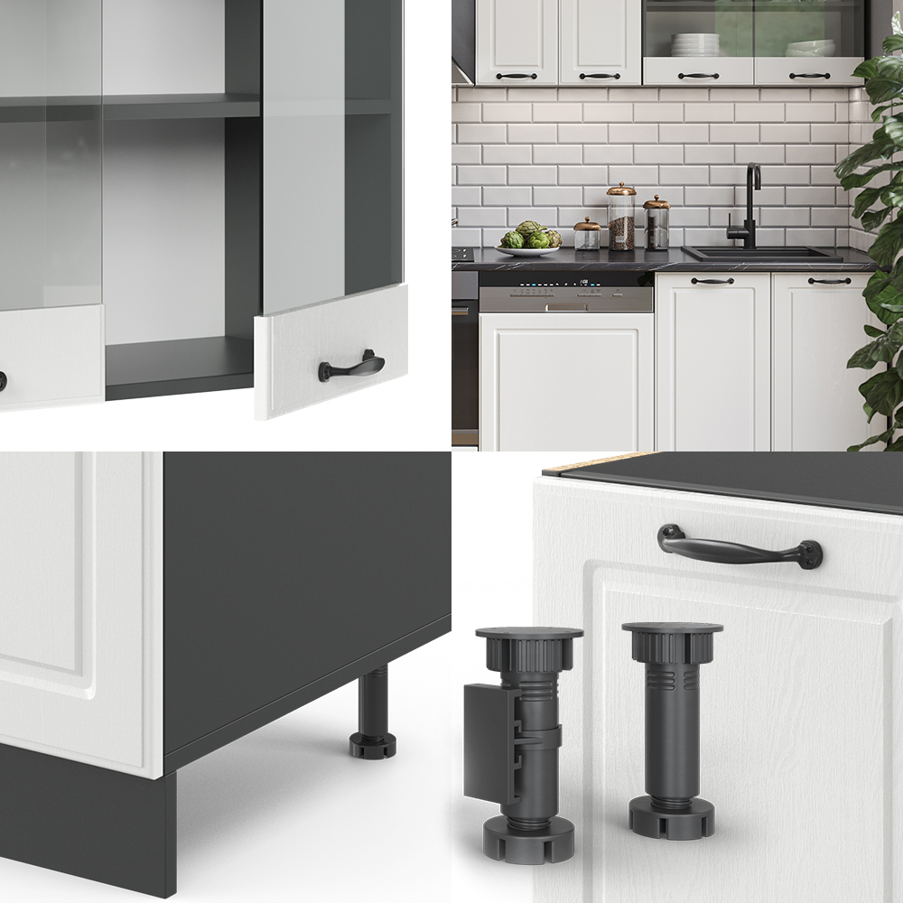Küchenzeile "R-Line" Weiß Landhaus/Anthrazit 300 cm ohne Arbeitsplatte livinity®