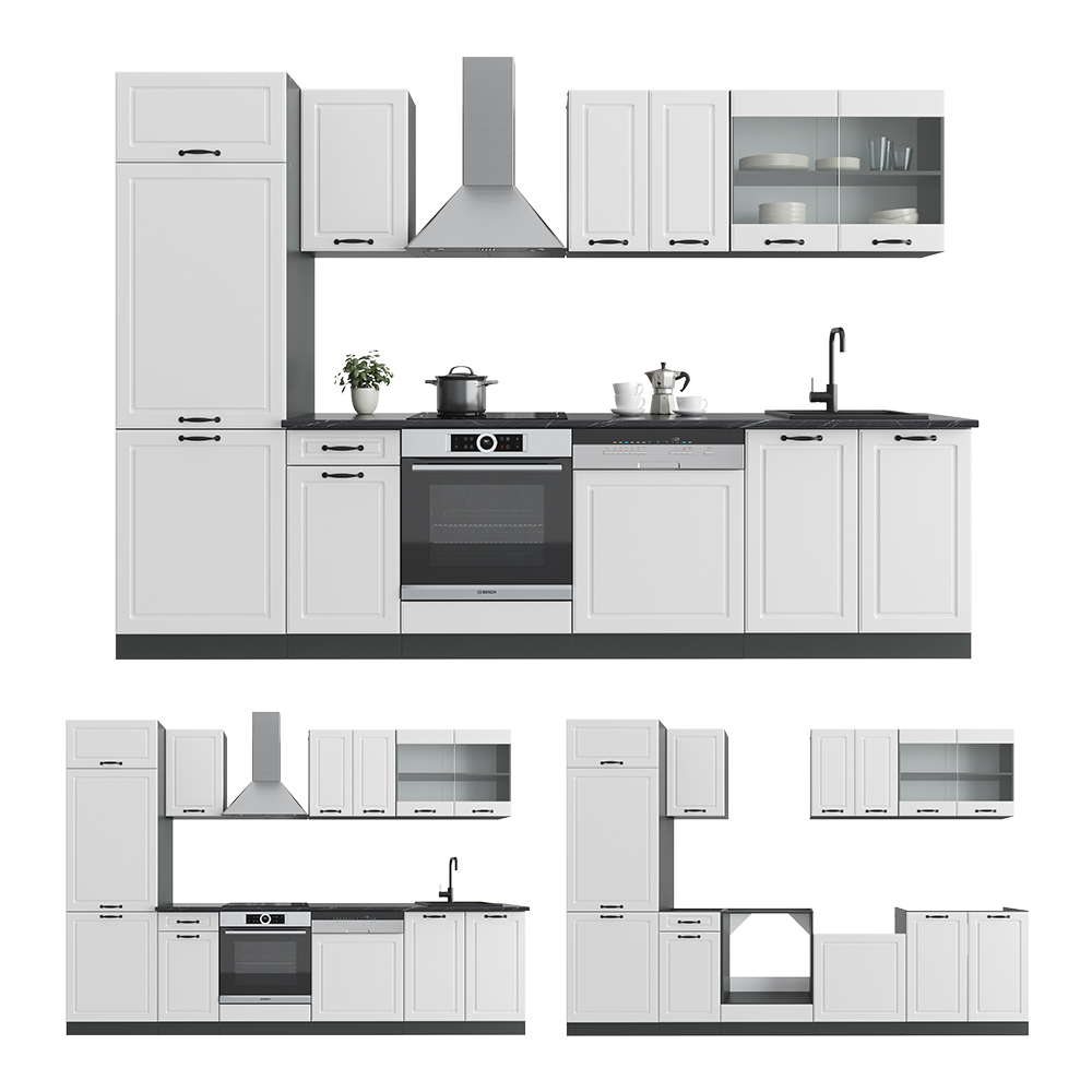 Küchenzeile "R-Line" Weiß Landhaus/Anthrazit 300 cm ohne Arbeitsplatte livinity®