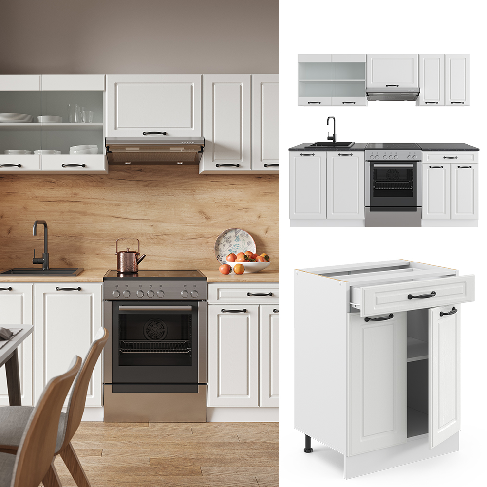 Küchenzeile "R-Line" Weiß Landhaus/Weiß 200 cm ohne Arbeitsplatte livinity®