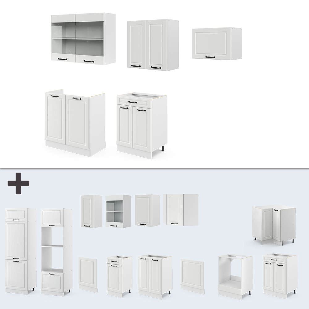 Küchenzeile "R-Line" Weiß Landhaus/Weiß 200 cm ohne Arbeitsplatte livinity®