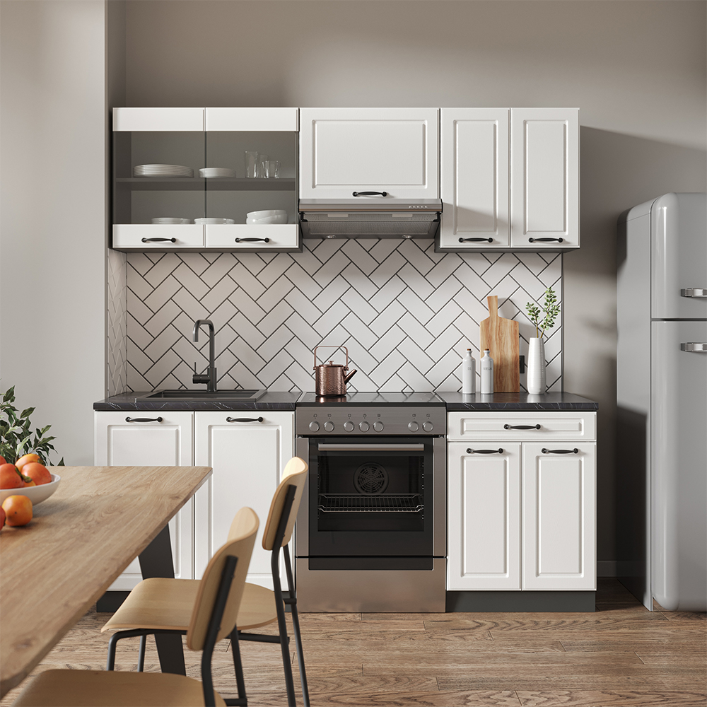 Küchenzeile "R-Line" Weiß Landhaus/Anthrazit 200 cm ohne Arbeitsplatte livinity®