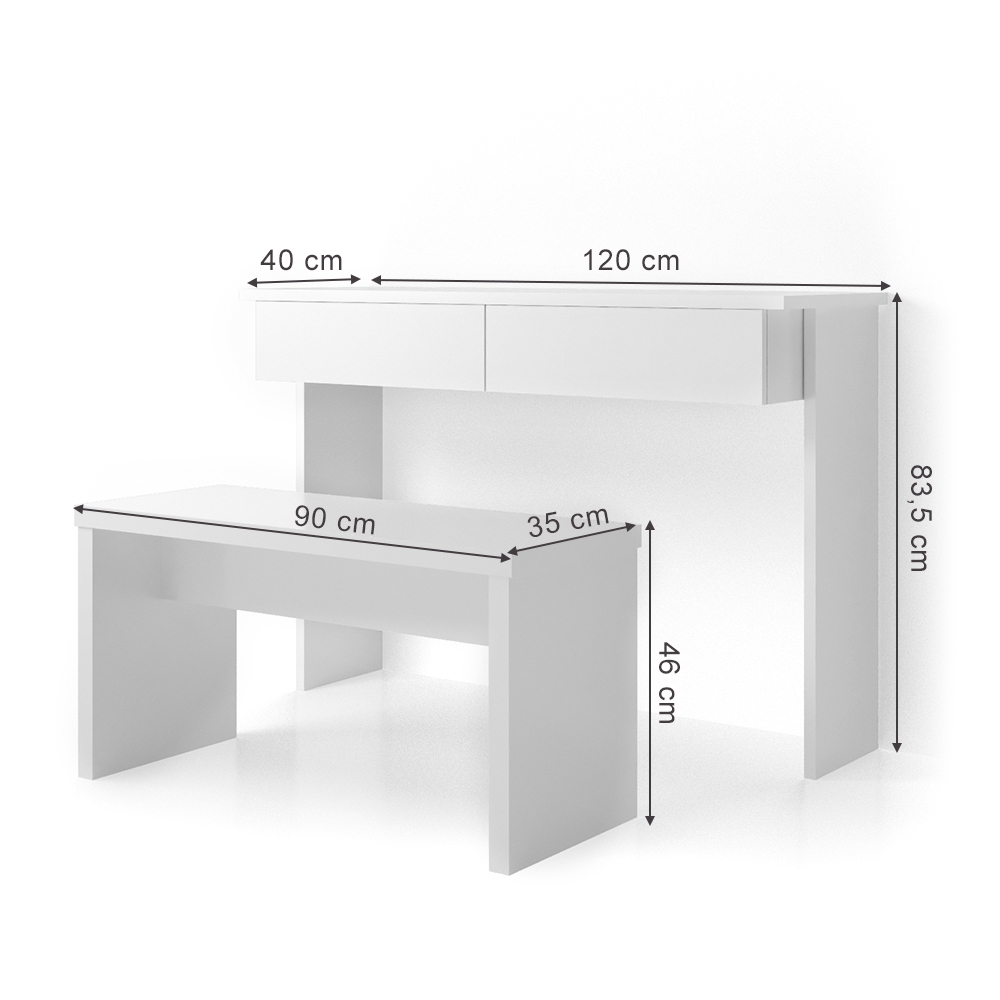Schminktisch "Azur" Weiß 120 cm ohne Spiegel, mit Bank livinity®